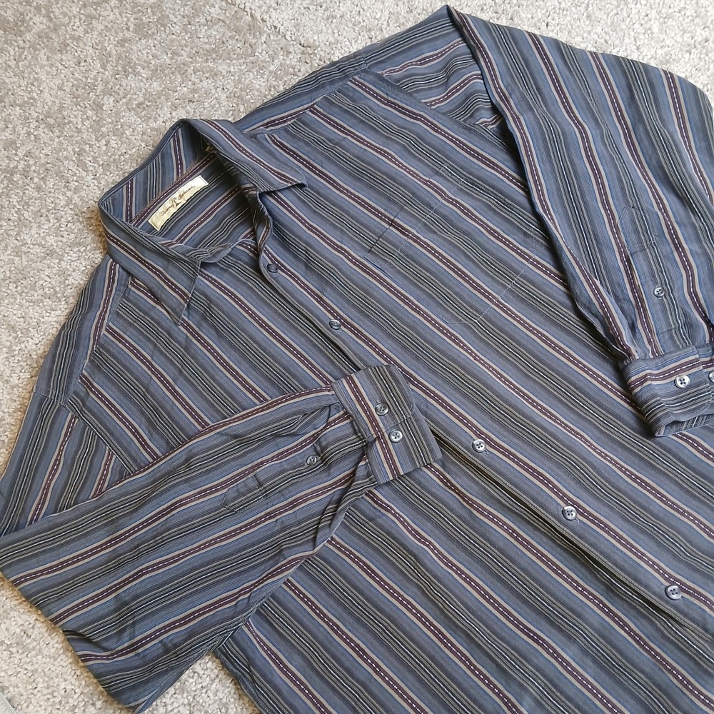 Tommy Bahama Mens Large 100% Silk Long Sleeve Striped Button Down Shirt Blue